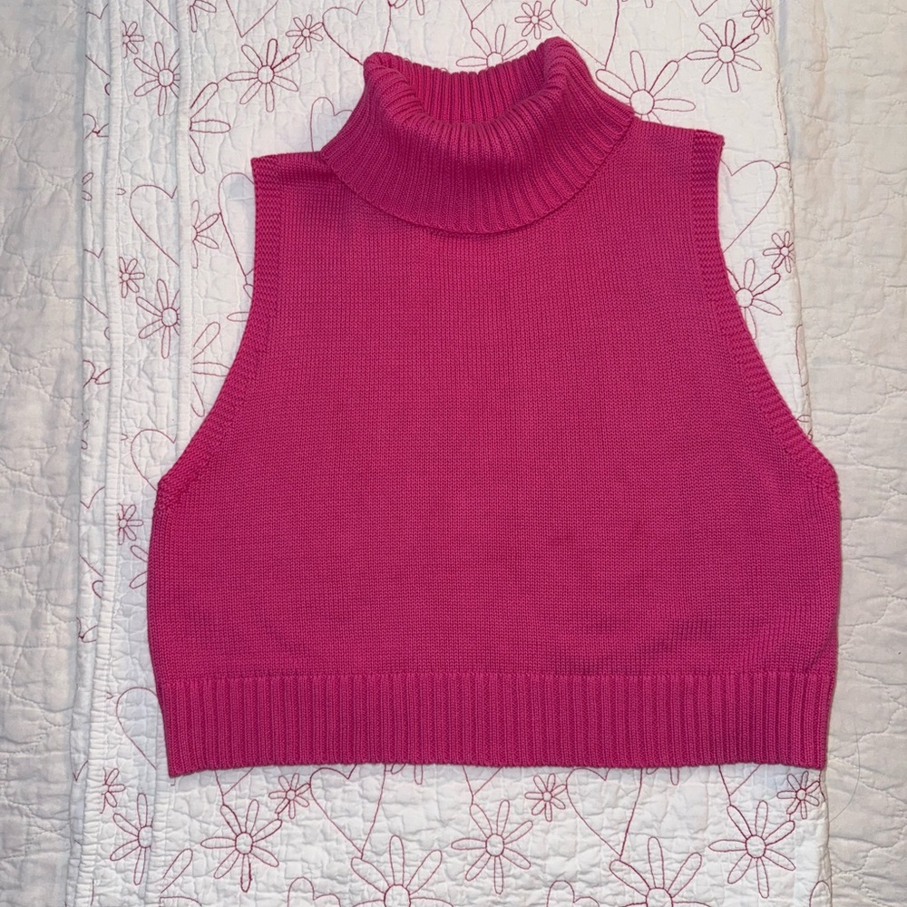 Pink Turtleneck Sleeveless Cropped Sweater COTTON Knit